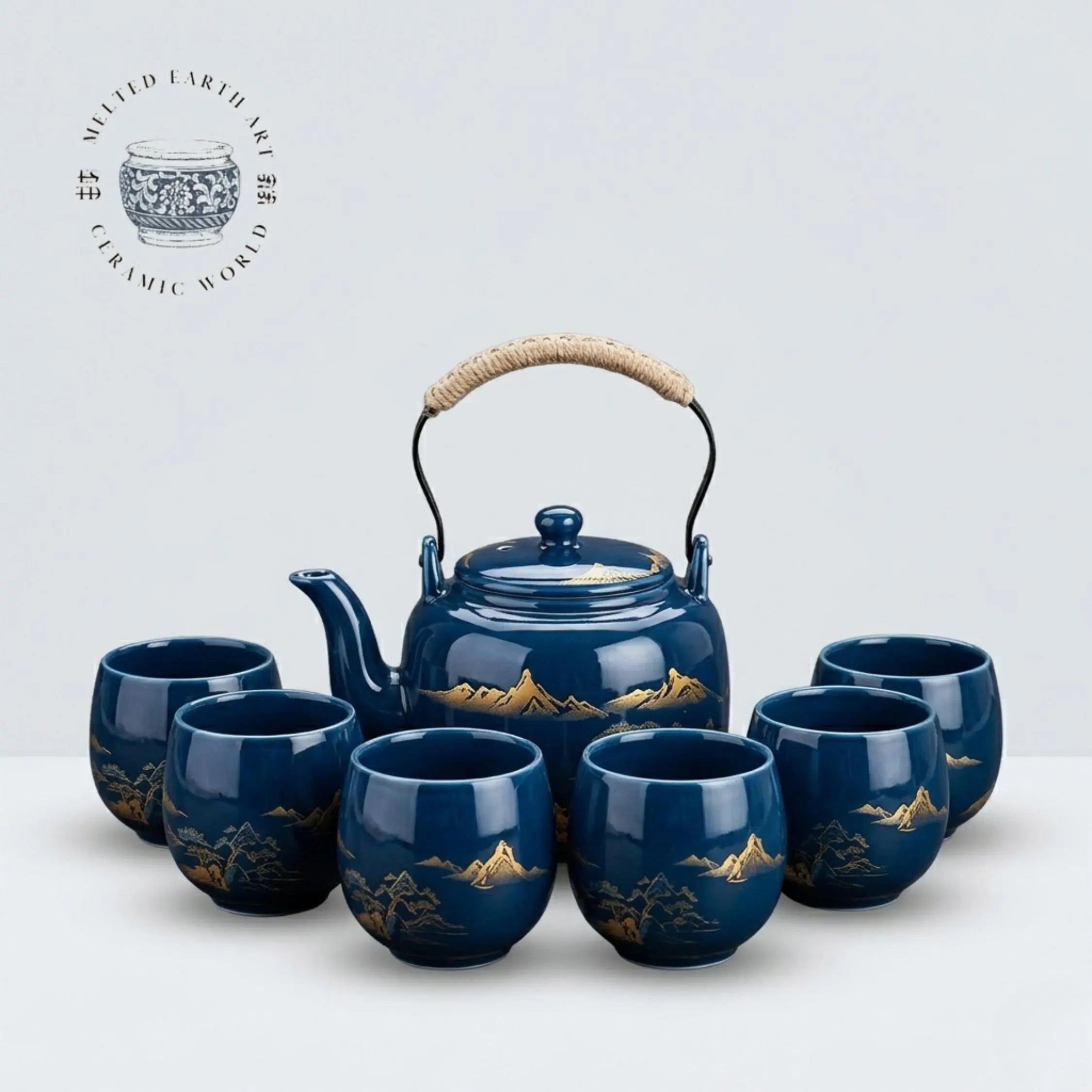 Japanese Ceramic Tea Set – Blue Glazed Teapot with 6 Cups, Gongfu Style