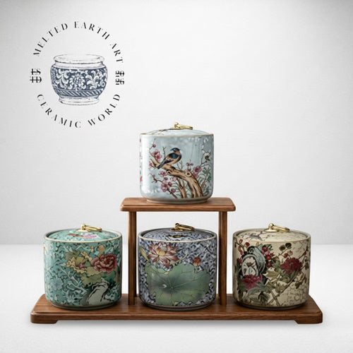 Hand-Painted Ceramic Tea Caddy | Chinoiserie Floral Storage Jar, Airtight Lid